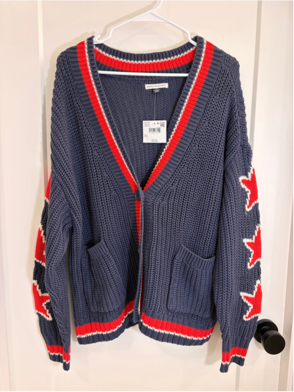 Women's American Eagle Star Knit V-Neck Cardigan Sweater Large NWT Navy